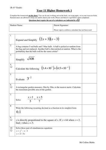 Y11 Homework Sheets (B-A* Grade)