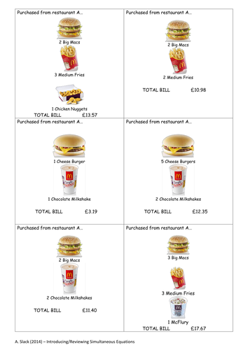 Mcdonalds Simultaneous Equations Teaching Resources