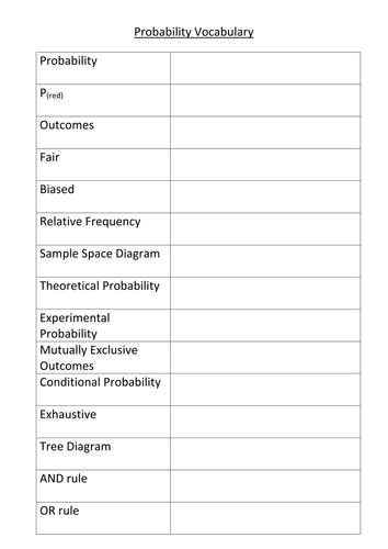 Probability Vocabulary Sheet | Teaching Resources