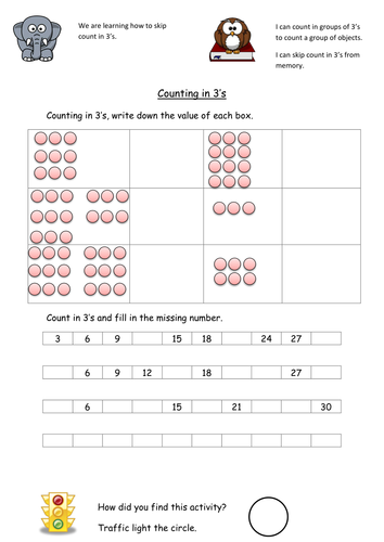 worksheets math less more grade 1 in by threes 3's Counting KristopherC counting skip