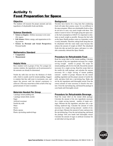 Food Preparation for Space Activity