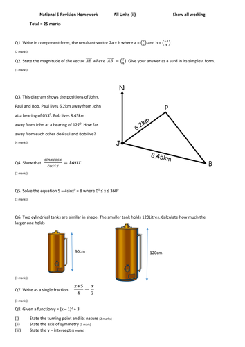 Mixed Homework for National 5 revision