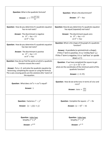 Edexcel Core 1 and 2 Revision Cards