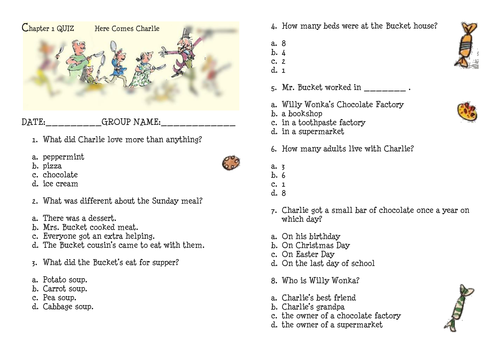 Charlie And The Chocolate Factory Reading Quizes Teaching Resources