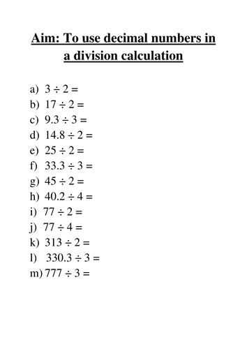 Using decimal numbers in division calculations | Teaching Resources