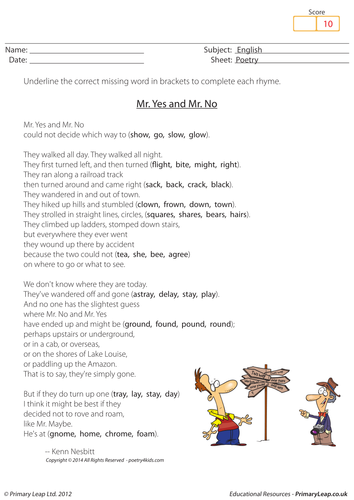 Mr. Yes and Mr. No Rhyming poetry worksheet