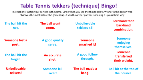 Table Tennis Bingo