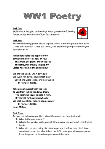 WW1 Poetry Worksheet: 'In Flanders Fields'