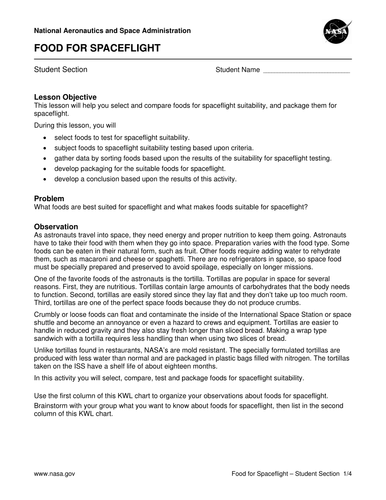 Food for Spaceflight Activity