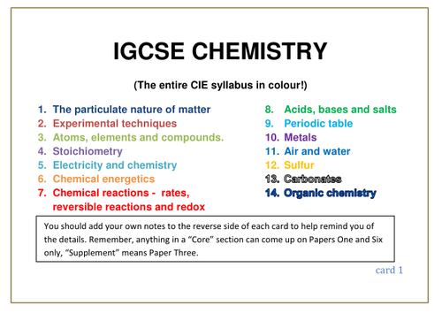 A6 sized flashcards with the IGCSE Chem syllabus