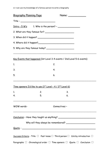 Biography Planning Sheet Ks2 California - writeup