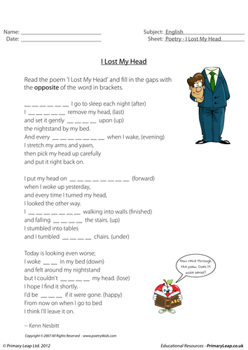 Poetry worksheet - I Lost My Head