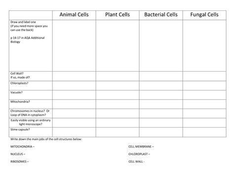 Cell Structure Comparison Table