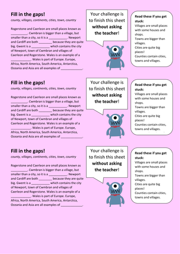 Continents, cities, towns, countries etc Gap fill