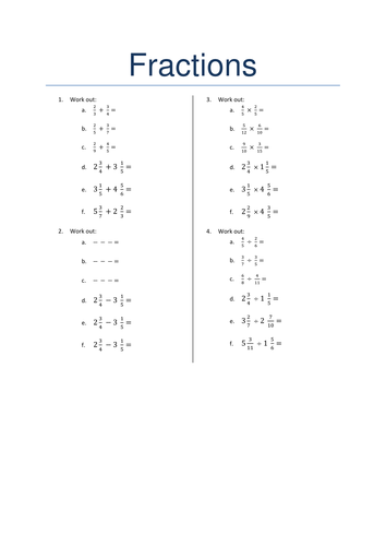 Fractions Mixed Operations Worksheet