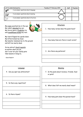 Poetry Comprehension Questions Teaching Resources