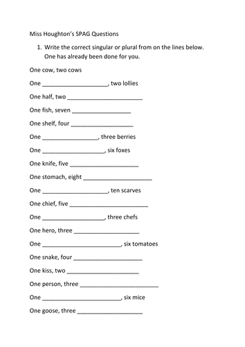 spag plurals and word classes worksheets teaching resources