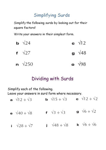 Surds Teaching Resources