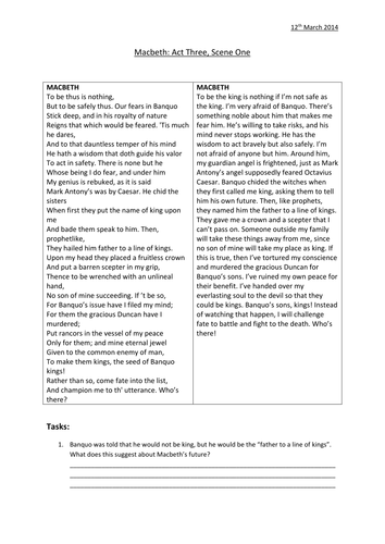 'Macbeth' Act 3, Scene 1 Worksheets | Teaching Resources