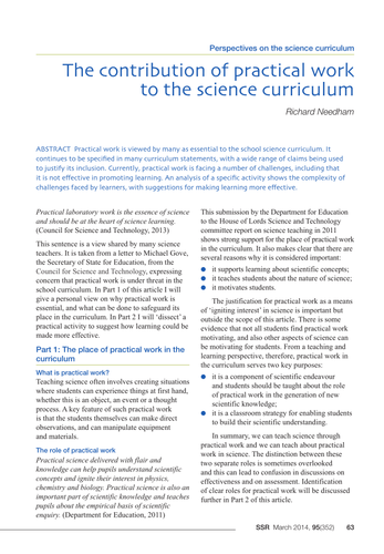 Practical science focus: The contribution of practical work to the science curriculum