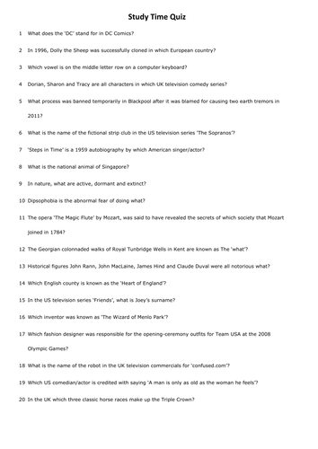 Class / Study Time Quiz / Brain Gym