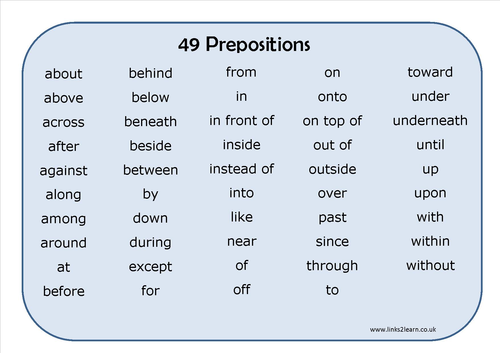 49 Prepositions learning mat