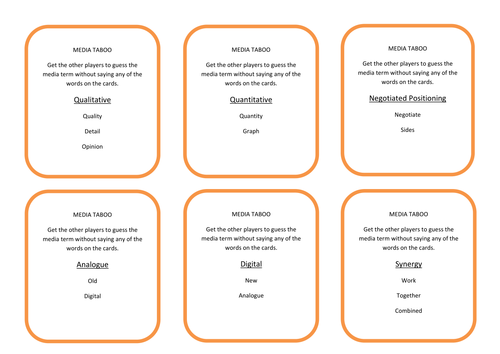 Media Taboo Cards  for NQF BTEC Level 2 Unit 1