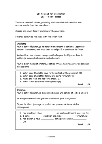 Food/Healthy Living (reading activity)