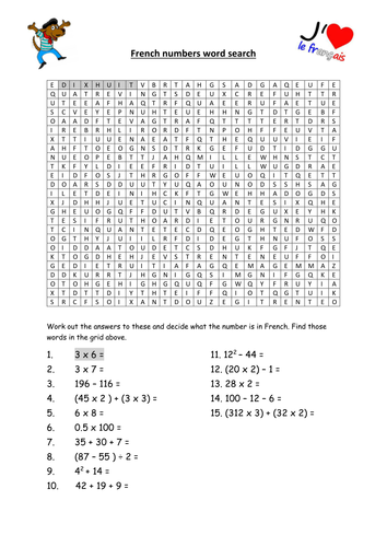 exercise english with answers wordsearch French by Number  worksheet wardy2  100 0