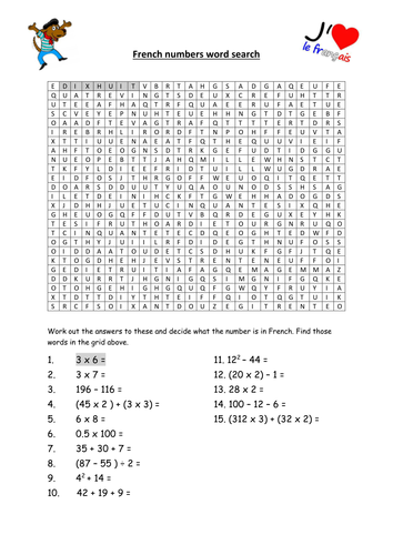 French Number wordsearch worksheet 0 - 100
