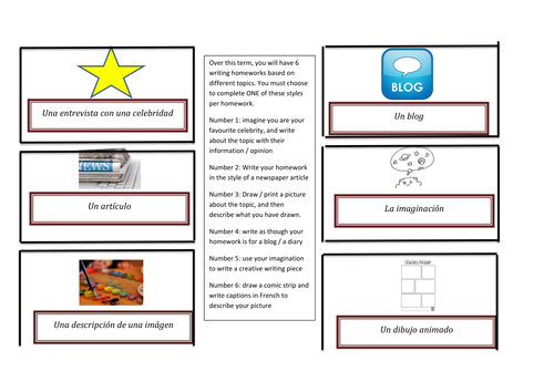 Homework choice sheets