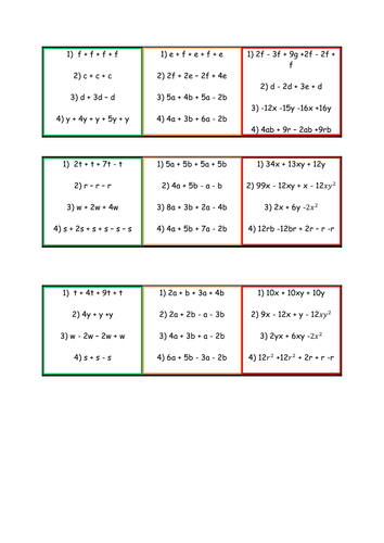 Collecting Like Terms Differentiated Question Sets Teaching Resources