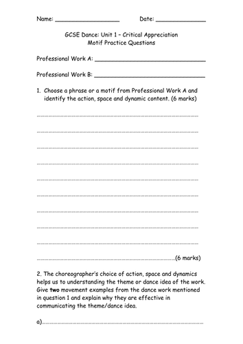 set k exam papers Practice Motif  Questions GCSE jodie3108  by Dance Exam