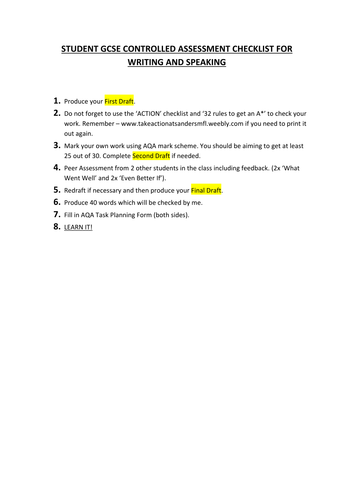 Student GCSE Controlled Assessment Checklist