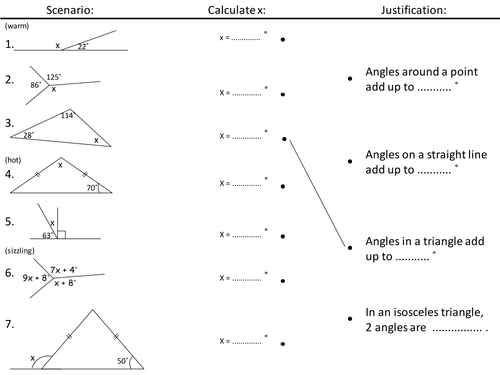 Angles around a point, straight line, triangle