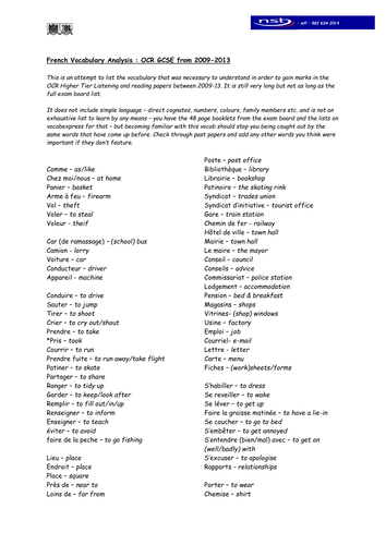 French Vocab Analysis OCR GCSE