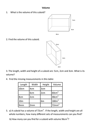 Volume Worksheet Teaching Resources