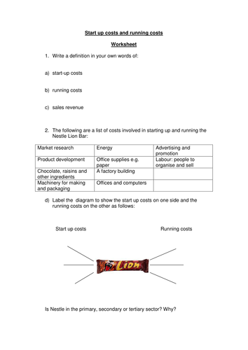 Start up costs and running costs worksheet