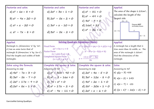 Solving Quadratic Equations W S Teaching Resources