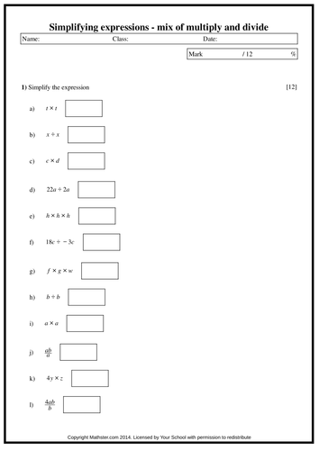 simplifying expressions multiply and divide teaching resources