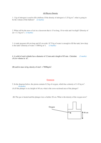 Aqa As Physics Differentiated Density Worksheet Teaching Resources