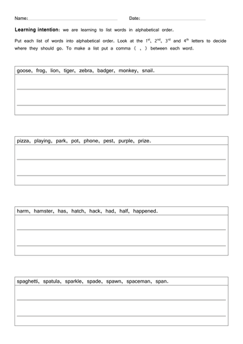 Alphabetical order worksheet