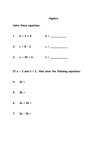 Algebra Worksheet Teaching Resources