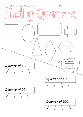 of 1/2 worksheet shapes shading (Y1/2) Finding halves/quarters numbers of by & shapes