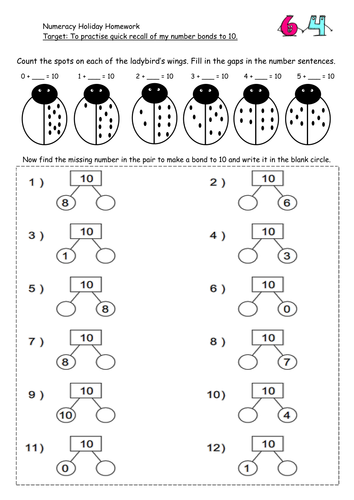 Number bonds to 10 ladybirds and trees