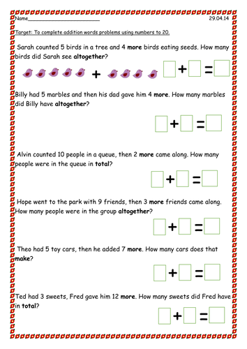 Addition word problems to 20