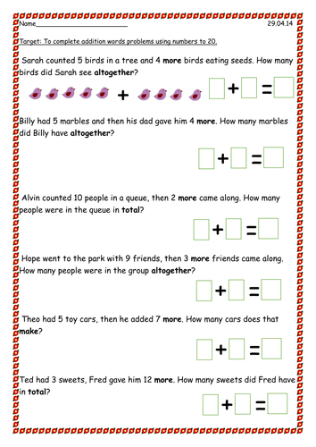 Addition word problems to 20 | Teaching Resources