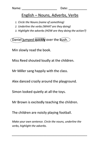 Worksheet Nouns Verbs and Adverbs | Teaching Resources