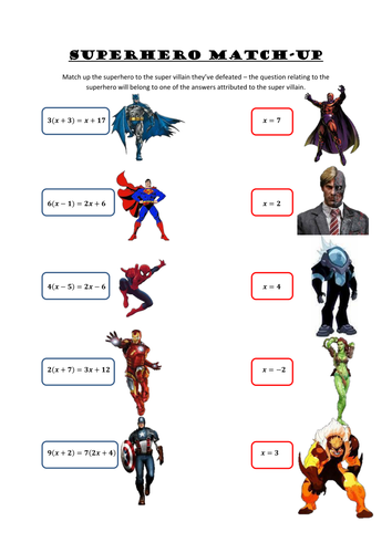 superhero match up solving equations teaching resources