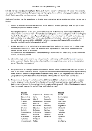 Reflective detention tasks to develop literacy